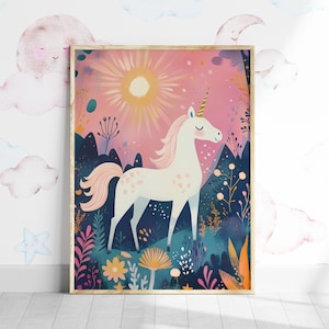 Decoración colorida para habitación infantil con unicornio, arte de pared para habitación infantil con unicornio, impresión de flores para habitación infantil, póster imprimible para habitación de niña, impresión de unicornio estilo bohemio para sala de juegos.