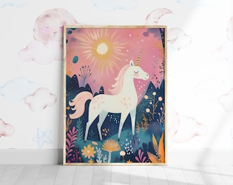 Décoration colorée de chambre d'enfant de licorne, art mural de chambre d'enfant de licorne, impression de fleurs de chambre d'enfants, affiche imprimable de chambre de fille, impression de licorne de salle de jeux de bohème
