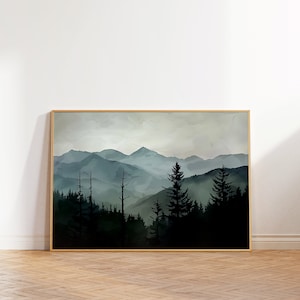 Salbei grüner Berg Wand Kunst, abstrakte Natur Druck, modernes minimalistisches Dekor, Aquarell Berglandschaft, subtile Wald Wandkunst, DRUCKBAR