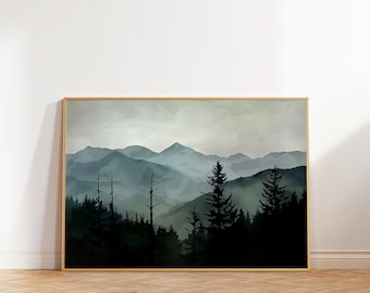 Sage Green Mountain Landscape Print, Abstract Forest Wall Art (Digital Download)