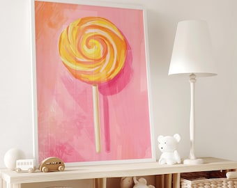 Puede incluir: Una piruleta de espiral amarilla y naranja en un palo sobre un fondo rosa. La piruleta es una ilustración colorida y caprichosa.