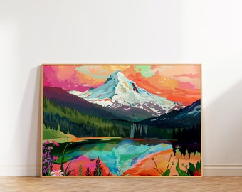 Maximalist Mountain Landscape Print, Vibrant Floral Scenery (Digital Download)