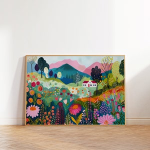 Bunte Landschaft Wandkunst, Blumen Landschaft Dekor, helle Sommer Illustration, lebendige Blumen druckbare, botanische Zeichnung, Patchwork Kunst