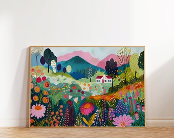 Colorful Floral Landscape Print, Summer Meadow Illustration (Digital Download)