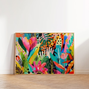 Lebhafte abstrakte Blumenwandkunst, Maximalist-Wandkunst, bunte Dschungel-Druck, bunte Wandkunst, trendige Kunst, heller druckbarer eklektischer Druck