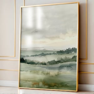 水彩風景デジタルプリント、セージグリーンヒルズウォールアート、木々の風景画、田園風景のファインアート、シンプルな水彩画ポスター