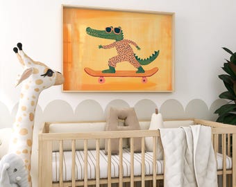 Skateboarding Crocodile Nursery Art Print, Orange Kids Room Decor (Digital Download)
