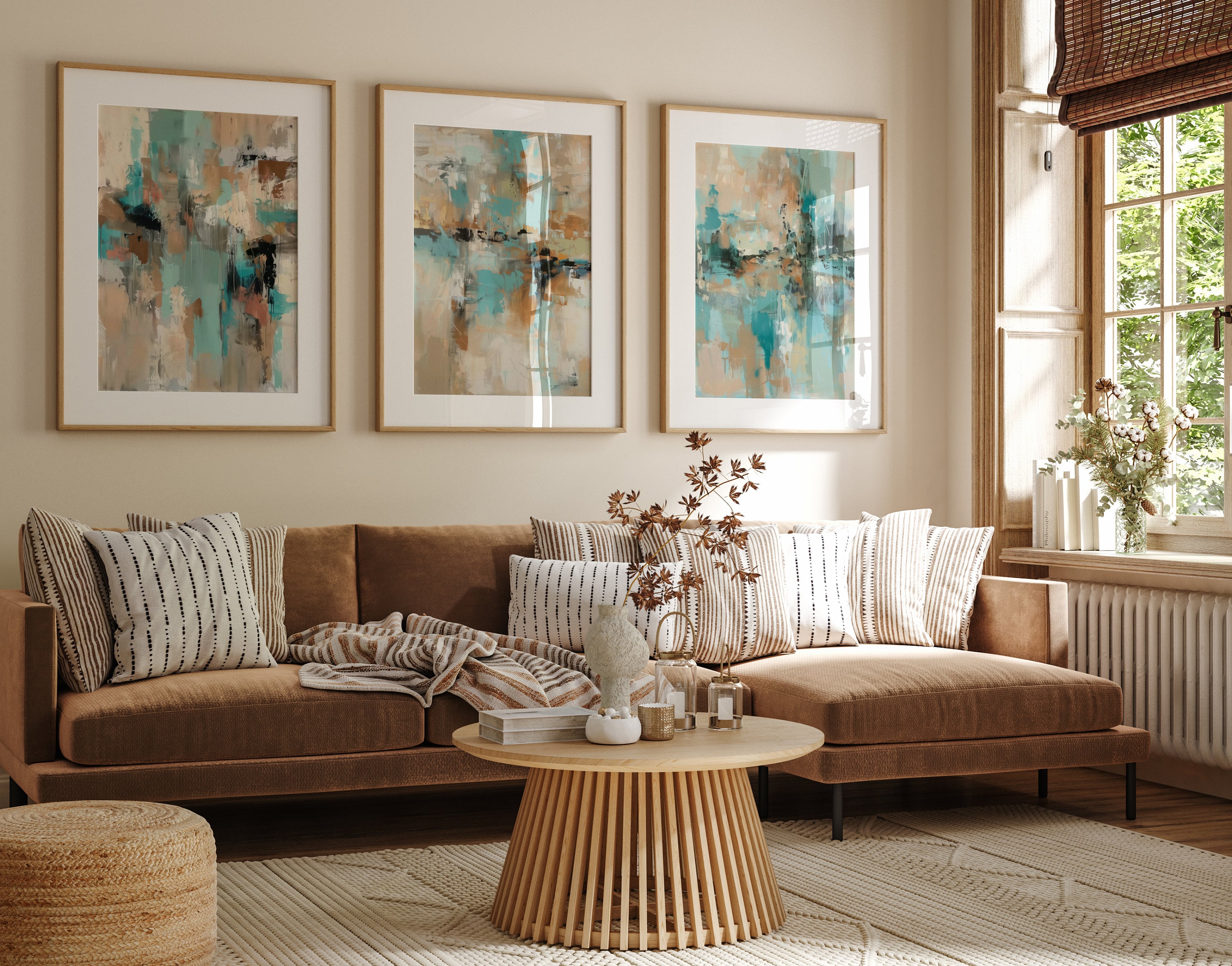 Poster Abstracte muurkunst in beige, groene en gouden tinten Nr. f35943