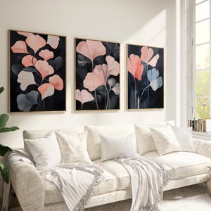 Abstract Botanical Art, Dark Floral Print Set of 3, Bedroom Prints, Modern Floral Poster, Flower Living Room Art, Mid Century Home Decor