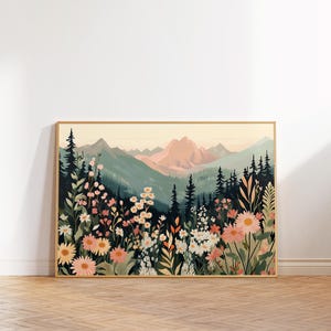Classic Colorful Mountain Decor, Floral Print, Vibrant Retro Landscape Wall Art, Watercolor Flowers Printable Art, Nature Scenery Artwork