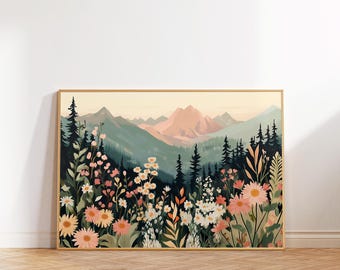 May include: A framed print of a mountain landscape with a field of pink, white, and yellow flowers in the foreground. The mountains are a soft pink and green color, and the sky is a light blue.
