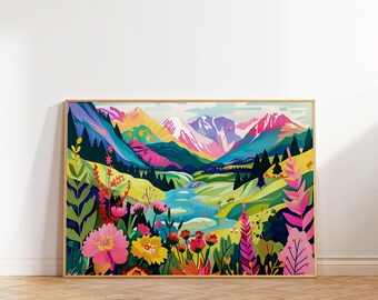Colorful Mountain Landscape Print, Modern Floral Scenery (Digital Download)