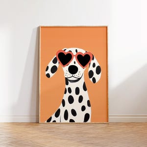 Arte de pared divertido con perros, impresión artística con gafas de sol y corazones, arte imprimible con perros coloridos, decoración de dormitorio con perros hipster, póster estético de animales preppy