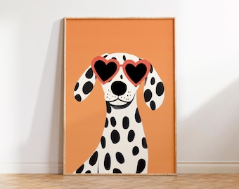 Funny Dog Wall Art, Hearts Sunglasses Dog Art Print, Colorful Dog Printable Art, Hipster Dog Dorm Decor, Aesthetic Preppy Animal Poster
