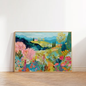 Art mural paysage coloré, décoration florale de paysage, illustration lumineuse de l'été, impression florale vibrante, dessin botanique, art patchwork