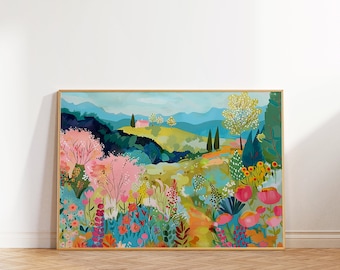 Colorful Floral Landscape Art Print, Summer Scenery (Digital Download)