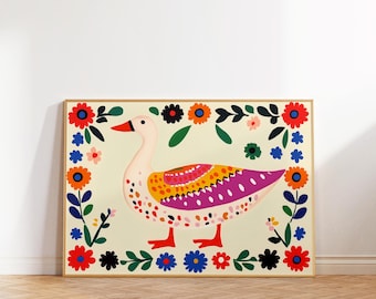 Folk Art Duck Print, Retro Goose Illustration, Nursery Decor (Digital Download)