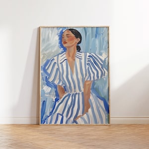 Impresión artística de rayas de colores, arte imprimible contemporáneo de rayas, decoración abstracta de mujer, ilustración de retrato minimalista, bellas artes eclécticas