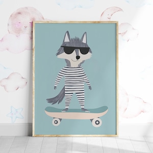 Arte de pared para sala de juegos con diseño de lobo en patineta, póster divertido para niños, arte imprimible, estampado de animales para guardería, decoración divertida y linda para habitación de niños
