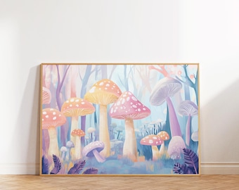 Pastel Mushroom Forest Print, Cottagecore Wall Art (Digital Download)