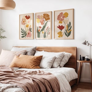 Flowers Boho Abstract Print Set of 3, Floral Wall Art, Botanical Art Print, Flower Market Poster, Boho Printable Art, Painted Flowers Print