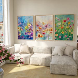 Lebendige Aquarell Blumenkunst, Wildblumen Kunst 3er-Set, helle Blumendrucke, buntes botanisches Dekor, druckbare verträumte Blumen Wandkunst