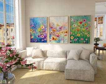 Aquarel wilde bloemenkunst set van 3, botanische bloemenprints (digitale download)