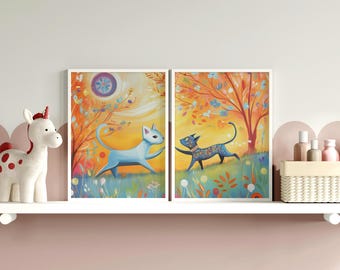 Juego de láminas decorativas infantiles con gatos coloridos y gatitos encantadores (descarga digital)