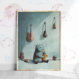 Póster de hipopótamo músico para pared de guardería, animal que toca el saxofón para niños, decoración de habitación musical para niños, arte musical para niños, impresión divertida para sala de juegos