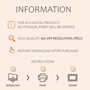 Op de afbeelding: Een digitale download instructiehandleiding met pictogrammen voor downloaden, afdrukken en inlijsten. De tekst luidt "Dit is een digitaal product. Er wordt geen fysieke print verzonden. Hoge kwaliteit 300 DPI resolutie JPEG's. Direct downloaden na aankoop. Instructies."