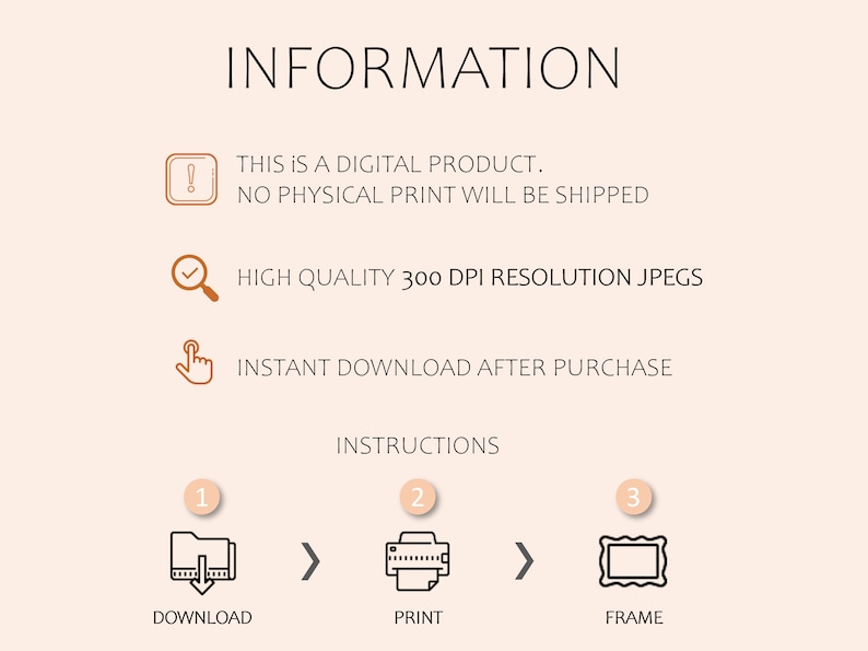 Op de afbeelding: Een digitale download instructiehandleiding met pictogrammen voor downloaden, afdrukken en inlijsten. De tekst luidt "Dit is een digitaal product. Er wordt geen fysieke print verzonden. Hoge kwaliteit 300 DPI resolutie JPEG's. Direct downloaden na aankoop. Instructies."