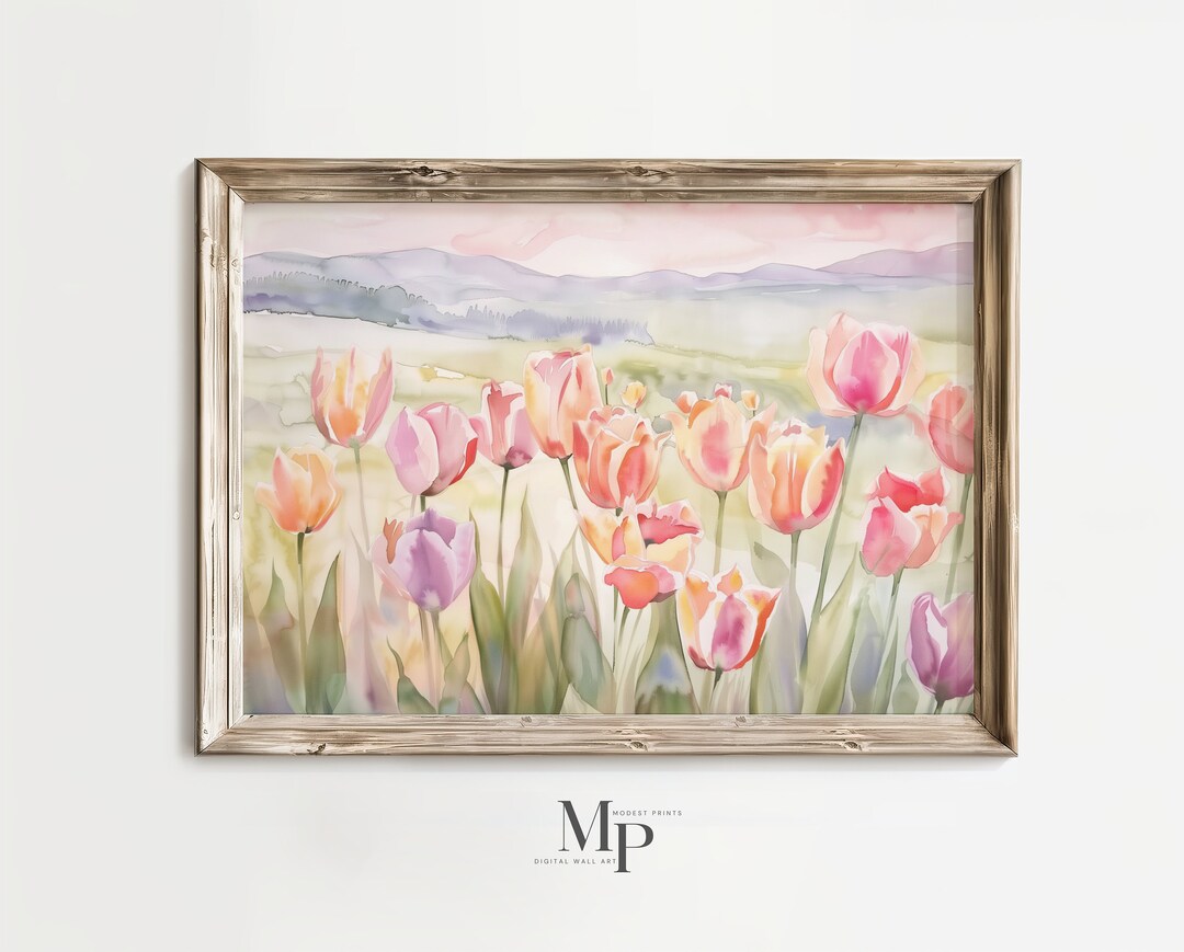 Spring Tulip Field PRINTABLE Wall Art, Summer Floral Landscape Painting ...