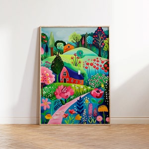 Lebendige Landschaft Wandkunst, Blumengarten Landschaft, helle Sommer Illustration, bunte Blumendrucke, botanische Zeichnung, Patchwork Dekor