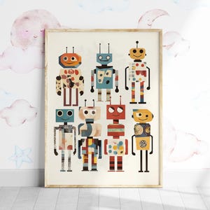 Färgglad retro robottryck, väggkonst i lekrum (digital nedladdning)