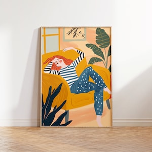 Arte contemporanea da parete a strisce, arredamento donna astratta, stampa artistica colorata, stampa a strisce, illustrazione ritratto minimalista, arte eclettica