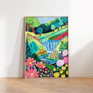 May include: A framed painting of a colorful landscape with a waterfall, flowers, and trees. The painting is done in a whimsical style with bright colors and bold lines.