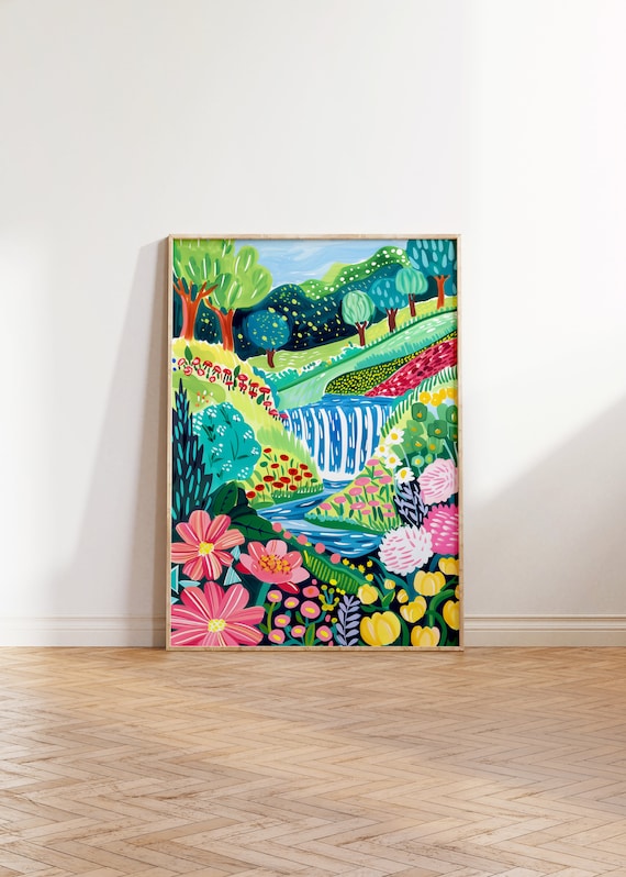 Abstract Floral Waterfall Print, Vibrant Landscape Wall Art (Digital Download)