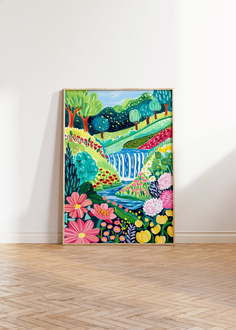 May include: A framed painting of a colorful landscape with a waterfall, flowers, and trees. The painting is done in a whimsical style with bright colors and bold lines.
