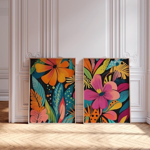 Maximalist Acrylic Flowers Wall Art Set of 2, Colorful Print, Modern Vibrant Floral Decor, Trendy Printable Eclectic Art, Tropical Flowers