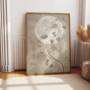 Japanese Oriental Landscape Print, Japandi Leaves and Moon Poster, Asian Monochrome Ink Watercolor Art, Minimalist Decor, Zen Feng Shui Art