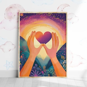 Heart Hands Love Wall Art, Colorful Nursery Print, Kids Room Heart Decor, Girls Room Vibrant Print, Bright Sunset Sunrise Playroom Poster