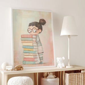 Study Room Print, Girls Room Reading Print, Pastel Reading Decor, Bookworm Wall Art, Library Printable Art, Read Book Decor,Cute Reader Gift