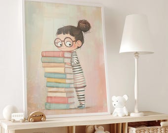 Girls Reading Room Print, Bookworm Art, Pastel Decor (Digital Download)