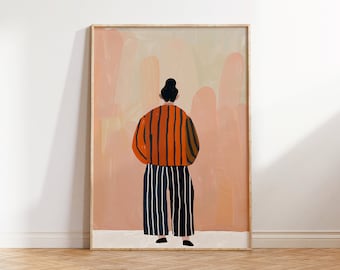 May include: A framed illustration of a person wearing a striped orange and black shirt and black and white striped pants standing in front of a pink and beige background.