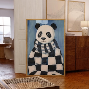 Karierter Panda Wandkunst, Karierter Pullover Druck, Blaues druckbares Dekor, Retro Funky Poster, Trendy Kariertes Panda Poster, Kinderzimmer Wandkunst