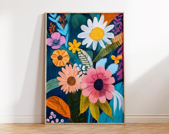 May include: A framed painting of a colorful floral bouquet with a dark blue background. The flowers are painted in a variety of shades of pink, orange, yellow, and white.
