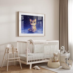 Kitten Stars Children&#39;s Room Wall Art, Night Sky Cat Print, Animal Illustration, Cute Cat Nursery Decor, Kids Room Poster, Cats Playroom Art