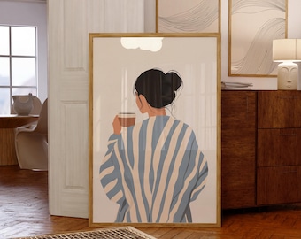 Contemporary Striped Wall Art, Abstract Woman Decor, Morning Coffee Print, Stripes Print, Minimalist Portrait Poster, Eclectic Fine Art