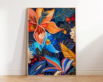 May include: A framed print featuring a colorful floral design with orange, blue, and yellow flowers on a dark blue background.