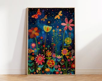 May include: A framed print of a colorful floral design with butterflies on a dark blue background. The flowers are in various shades of red, orange, yellow, green, and pink. The butterflies are orange and yellow.